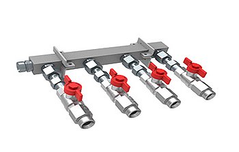 4-way Header with ball valves, M24x1,5 4-way Header with ball valves, M24x1,5