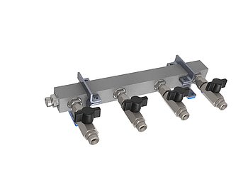 4-way Header with ball valves, M16x1 4-way Header with ball valves, M16x1